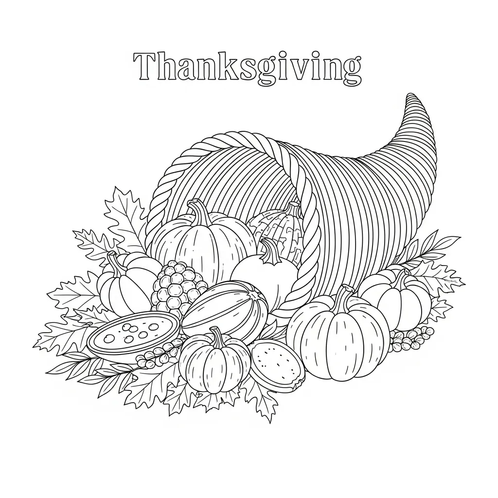 coloring page of a thanksgiving cornucopia