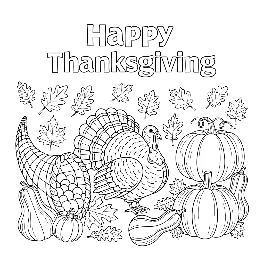 coloring page of a thanksgiving cornucopia, pumpkins, and a turkey