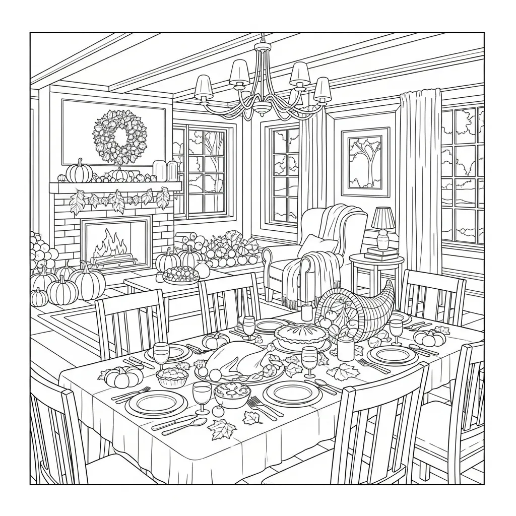 coloring page of a thanksgiving table