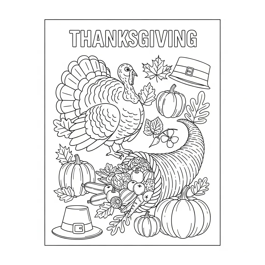 coloring page for thanksgiving with a turkey, cornucopia, pumpkins