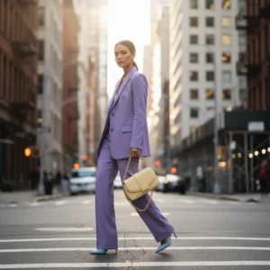 Mulher jovem, de cabelo preso, vestindo um terno na cor lavanda, sapatos de salto azul-claros e bolsa bege. Ela está caminhando em um ambiente urbano.