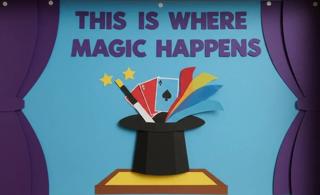 Mockup of a bulletin board with a magicians hat