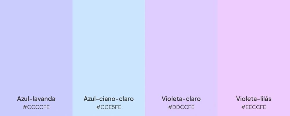 Paleta com 4 cores: azul-lavanda, azul-ciano-claro, violeta-claro e violeta-lilás.