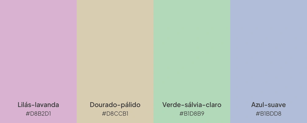 Paleta com 4 cores: lilás-lavanda, dourado-pálido, verde-sálvia-claro e azul-suave.