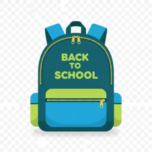 Blue, teal, and chartreuse backpack that says Back to School