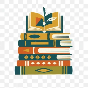 Classroom clipart of a stack of books in orange, yellow ,and teal