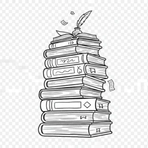 Black and white doodle of a stack of books for classroom clipart
