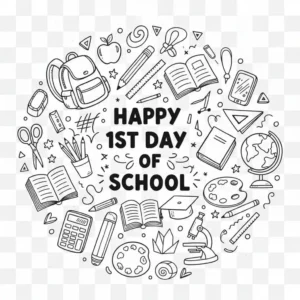 Happy 1st Day of School message with school supplies