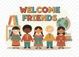 Welcome friends message with 5 cartoon students