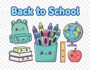 School supplies with cute faces and round eyes in pastel colors
