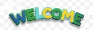 The word Welcome in blue, yellow, and green layered paper