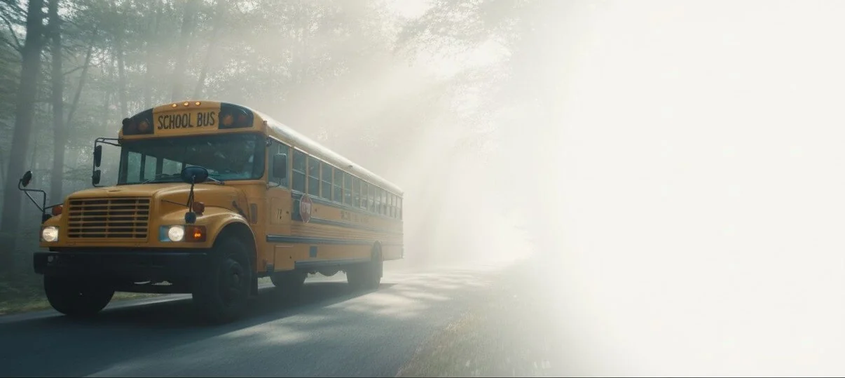 Muted photo of a school bus on the left half and a blank background on the right