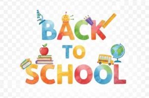 The words Back to School painted in watercolor and decorated with school supplies for clipart