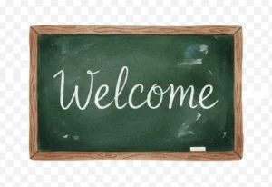 Green chalkboard that says Welcome in white cursive for back to school clipart