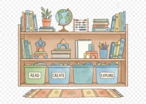 Watercolor picture of a kindergarten bookshelf in soft pastels