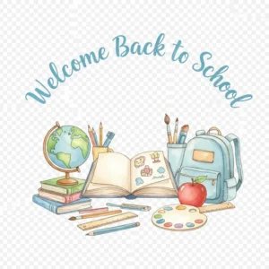Watercolor style image of a book, globe, backpack, and other back-to-school things