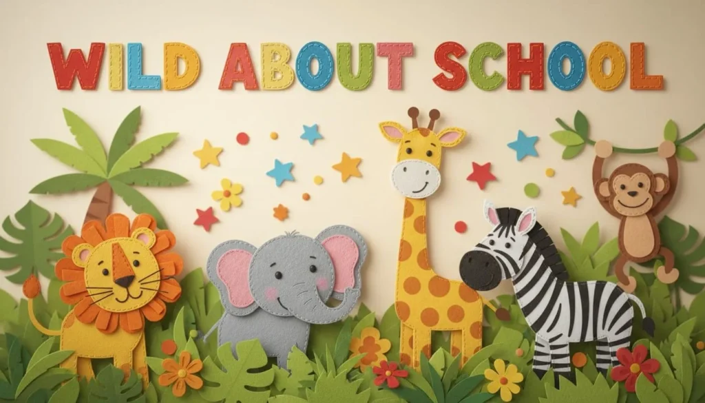 Bulletin board mockup with lion, elephant, giraffe, and zebra