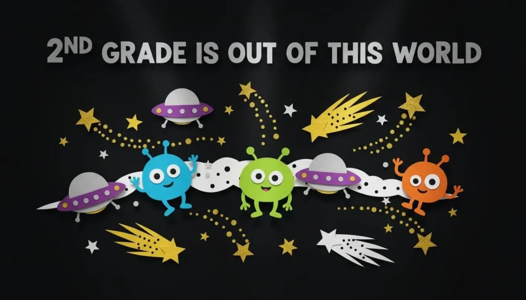 Bulletin board mockup with neon aliens and UFOs