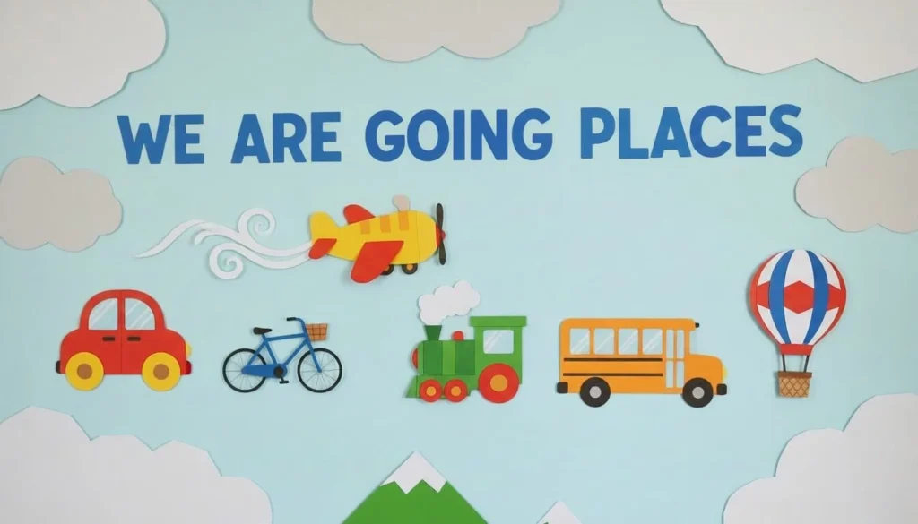 Mockup of a bulletin board with a car, bike, plane, train, bus, and hot air balloon