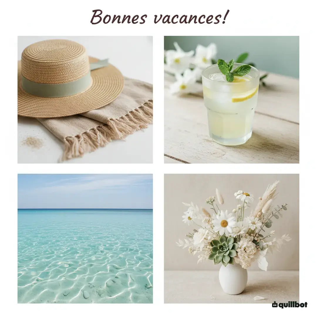 image bonnes vacances avec plage, citronnades, fleurs et paréo