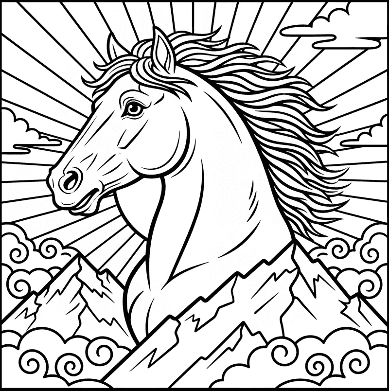 coloriage cheval montagnes