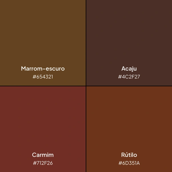 Paleta com 4 tons de marrom: marrom-escuro, acaju, carmim e rútilo.