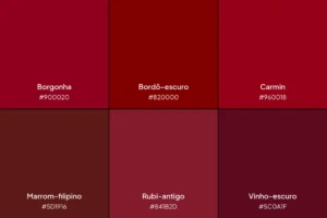 Paleta com 6 tons da cor vinho: borgonha, bordô-escuro, carmin, marrom-filipino, rubi-antigo e vinho-escuro.