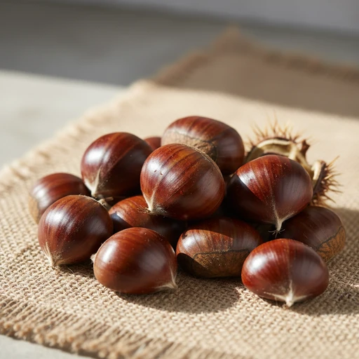 Castanhas portuguesas cruas sobre toalha de juta. Iluminação lateral e fundo claro.