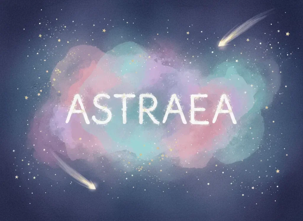 An AI-generated image of the name "Astraea" against a celestial background