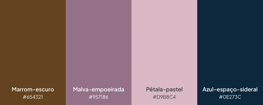 Paleta com 4 cores: marrom-escuro, malva-empoeirada, pétala-pastel e azul-espaço-sideral.