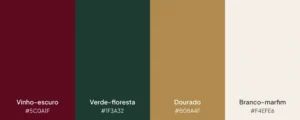 Paleta com 4 cores: vinho-escuro, verde-floresta, dourado e branco-marfim.