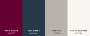 Paleta com 4 cores: vinho-marsala, azul-ardósia, cinza-claro e branco-porcelana.