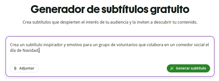 Ejemplo de prompt para el generador de subtítulos de Quillbot.
