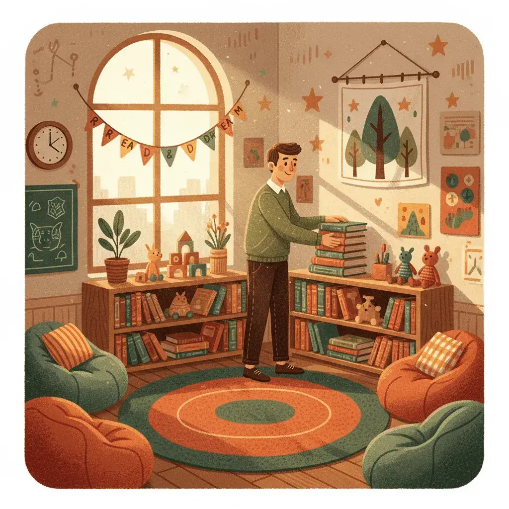 An AI-generated cartoon image of a teacher preparing a classroom
