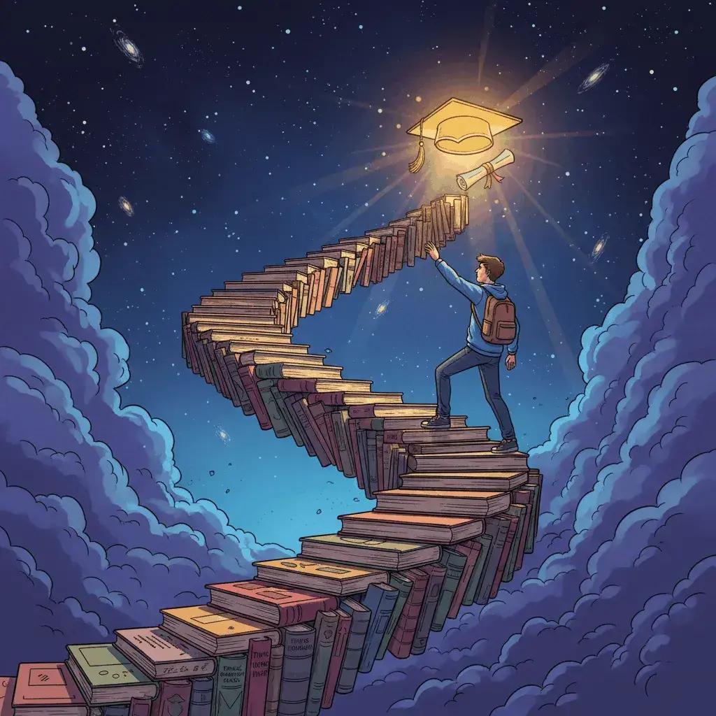 An AI-generated cartoon image of a student climbing a staircase of books to a glowing graduation cap