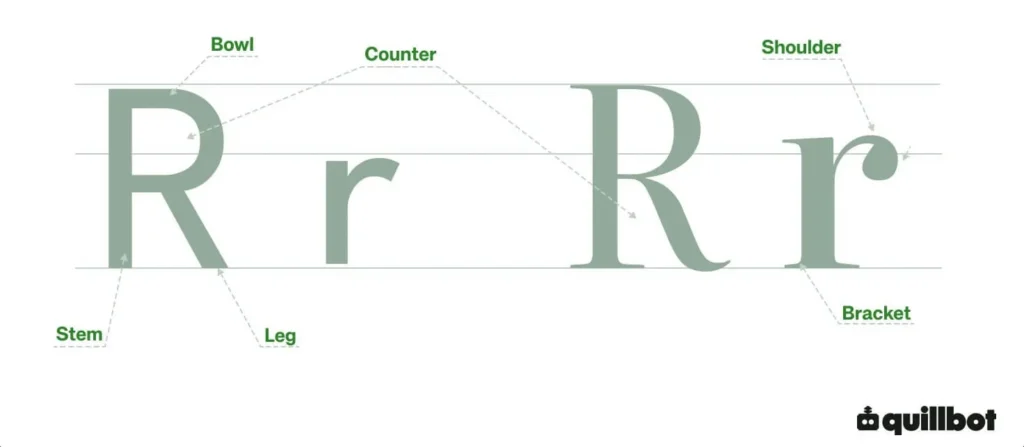 Diagram of sans-serif and serif styles of capital and lowercase R with the bowl, stem, leg, shoulder, and bracket labeled