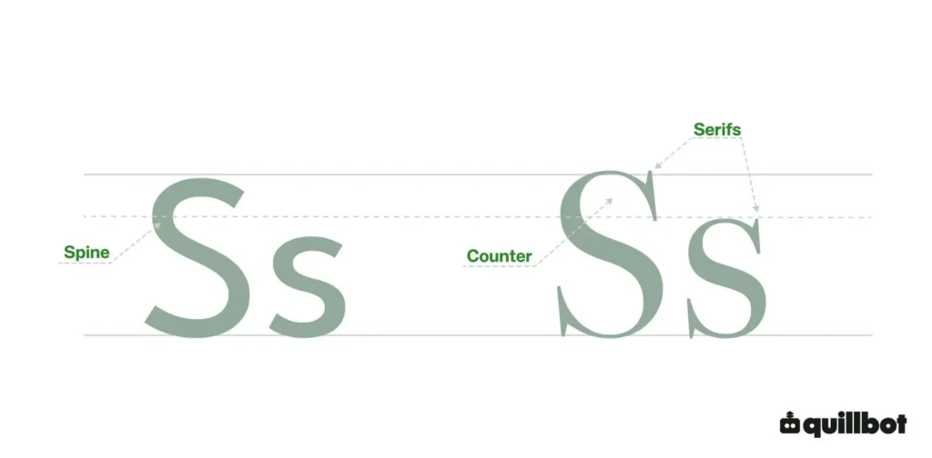 Diagram of the letter S with the spine, counter, and serifs labeled