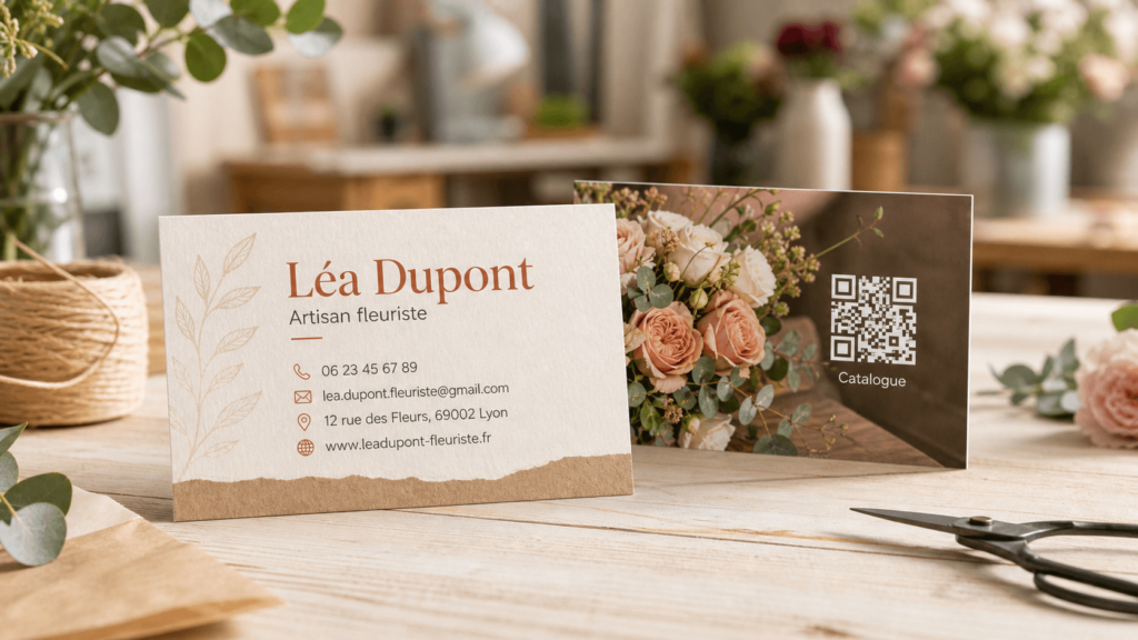 Pour un artisan, la carte de visite peut intégrer des éléments visuels liés au métier : une photo du produit, une texture évoquant le matériau travaillé.