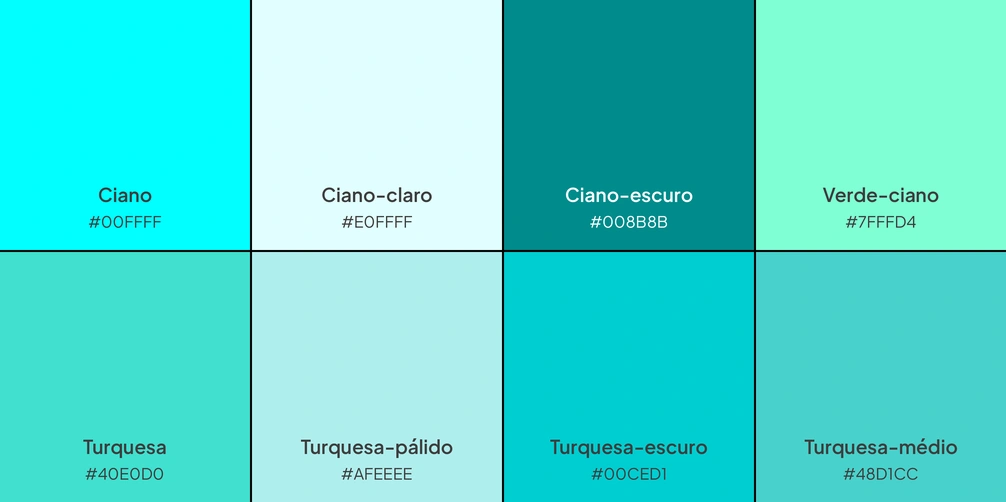 Paleta com 8 cores, compondo diferentes tons de ciano: ciano, ciano-claro, ciano-escuro, verde-ciano, turquesa, turquesa-pálido, turquesa-escuro e turquesa-médio.