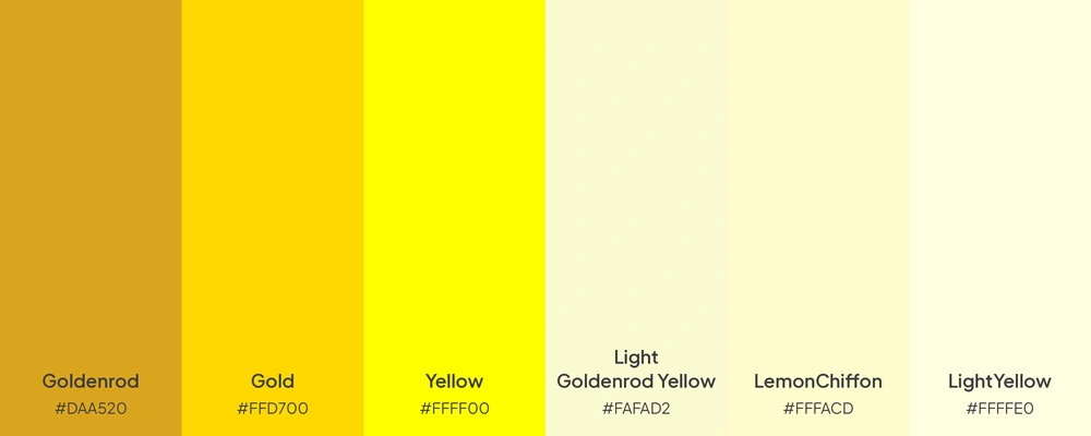 Paleta com 6 tons de amarelo em CSS.