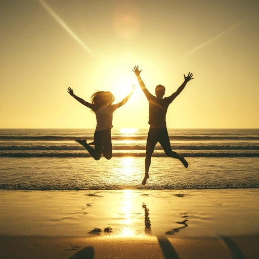 Duas pessoas saltam no ar, com braços erguidos, formando silhuetas contra um céu de pôr do sol em tons vibrantes de amarelo-dourado sobre o oceano. O sol está baixo, próximo ao horizonte, brilhando em um tom intenso de branco-amarelado e o mar está calmo.