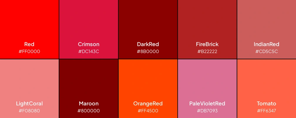Paleta com 10 tons de vermelho reconhecidos pelo CSS.