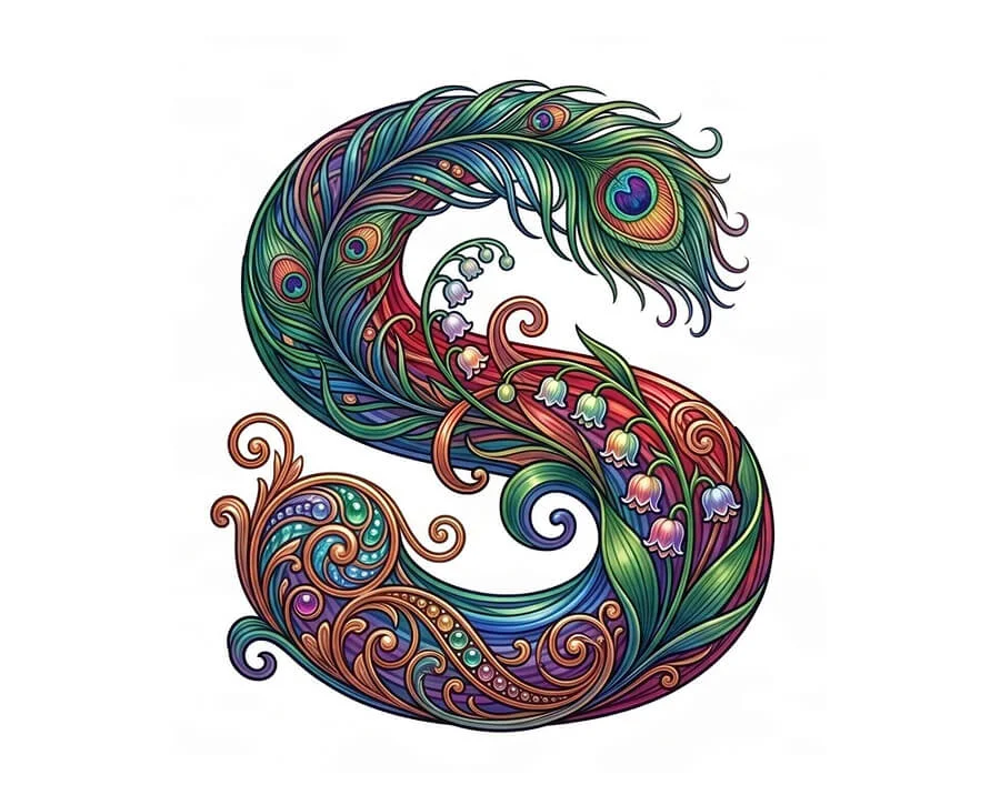 Letter S design with feathers, jewels, and flowers