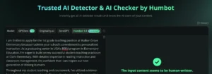 Screenshot of the Humbot AI Detector with a writing sample and human-written verdict