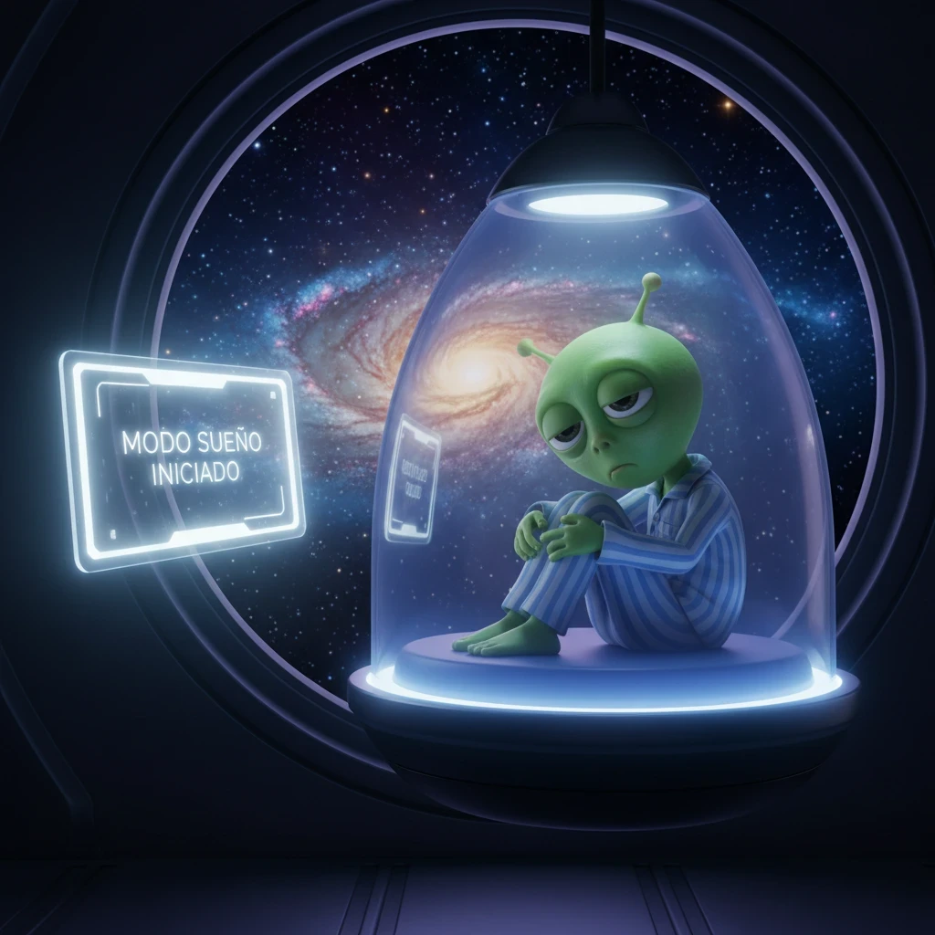 Imagen de buenas noches de un alien en el espacio intentando dormir dentro de una cápsula.