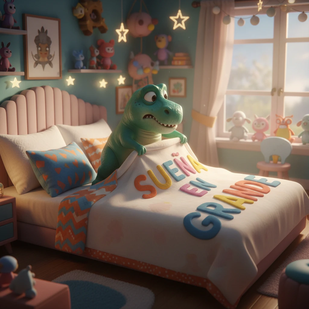 Imagen de buenas noches de una habitación infantil en la que un dinosaurio dentro de una cama intenta cubrirse con una manta.