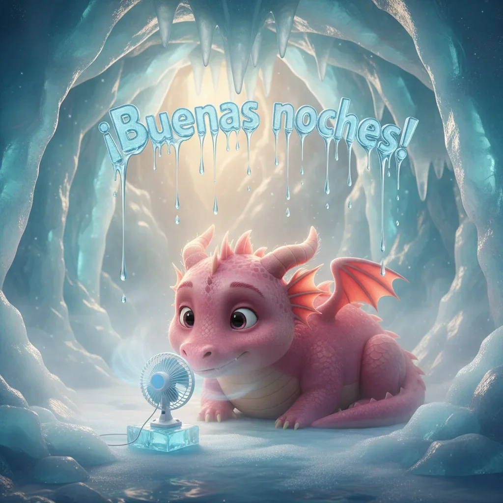 Imagen de buenas noches de un dragón en una cueva de hielo intentando dormir.