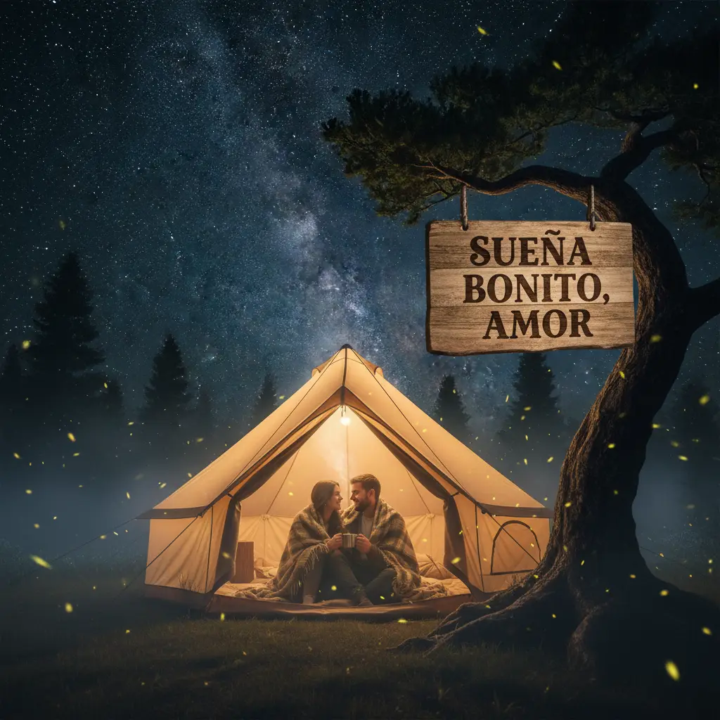Imagen de buenas noches de una pareja dentro de una tienda de campaña tomando un chocolate caliente.