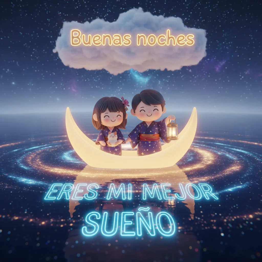 Imagen de buenas noches de una pareja en un barco de luna sobre un mar de estrellas.