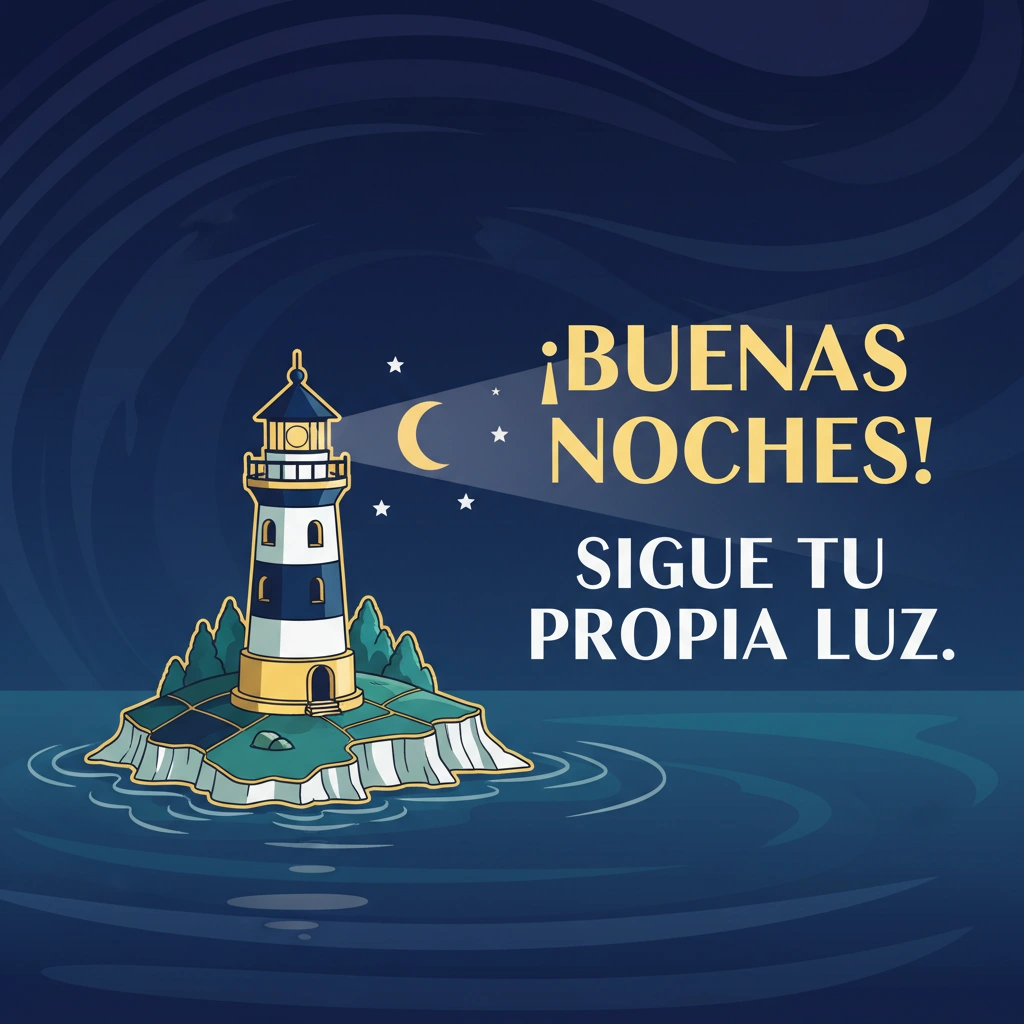 Imagen de buenas noches de un faro en una isla diminuta en el medio del mar.